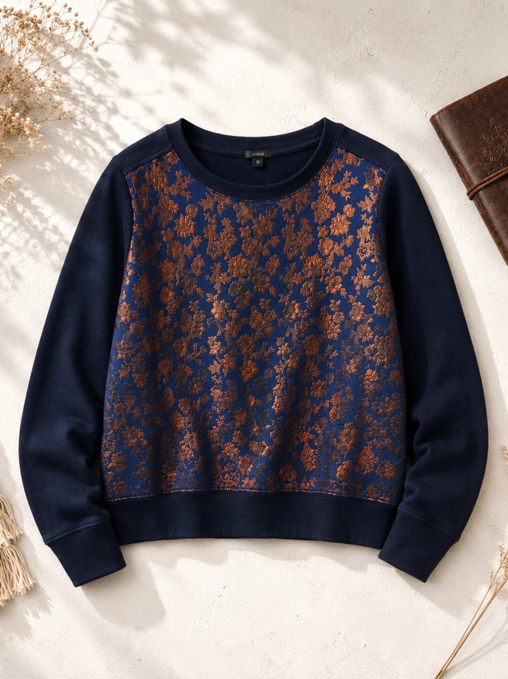 J.Crew Navy Metallic Copper Floral Sweatshirt | Women's Medium Shimmer Jacquard